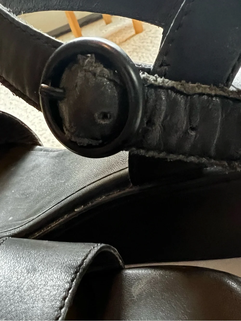 Camper Black Leather Wedge Sandals with Buckle Strap
